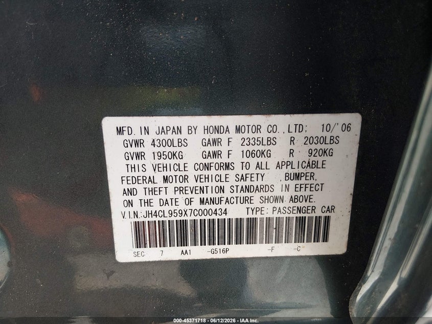 2007 Acura Tsx VIN JH4CL959X7C000434 IAAI salvage auction — FRONT END, Salvage (Missouri), sold $400 on 2026-07-21 (photo 9)