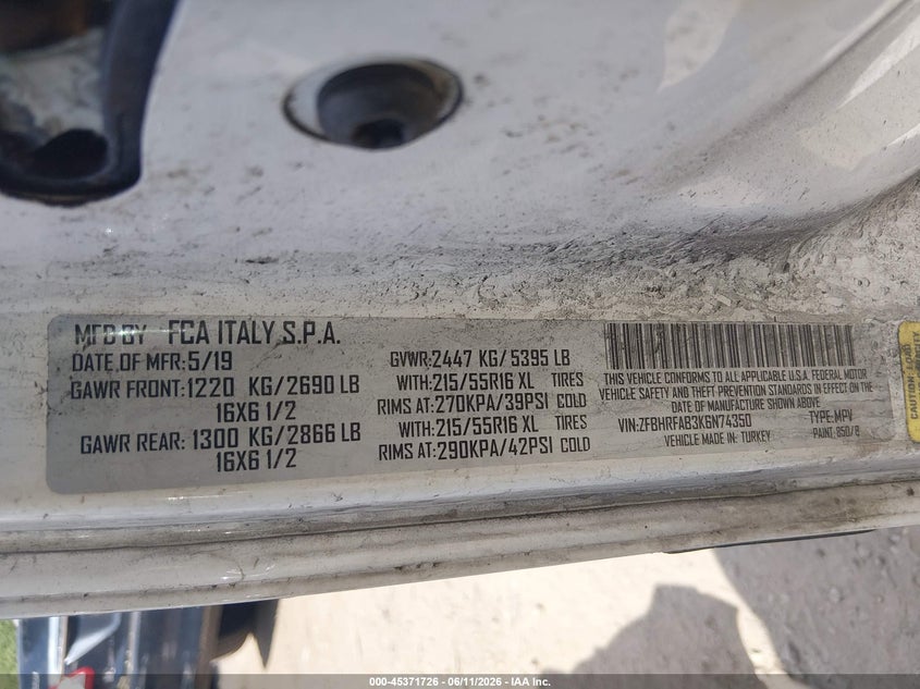 2019 Ram Promaster city VIN ZFBHRFAB3K6N74350 IAAI salvage auction — NORMAL WEAR, Clear (Massachusetts), sold $1,550 on 2026-07-14 (photo 9)