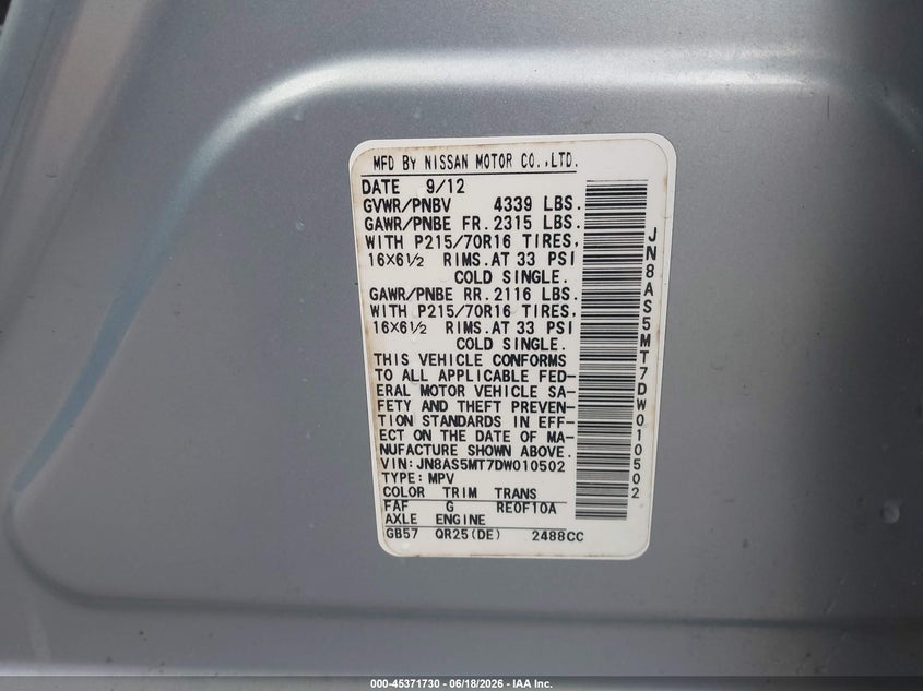 2013 Nissan Rogue sport VIN JN8AS5MT7DW010502 IAAI salvage auction — RIGHT FRONT, Clear (Alabama), sold $600 on 2026-07-08 (photo 9)