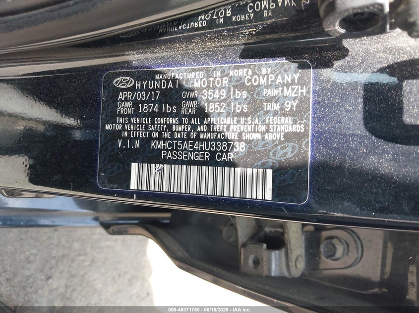 2017 Hyundai Accent VIN KMHCT5AE4HU338738 IAAI salvage auction — FRONT & REAR, Salvage (North Carolina), sold $950 on 2026-07-16 (photo 9)