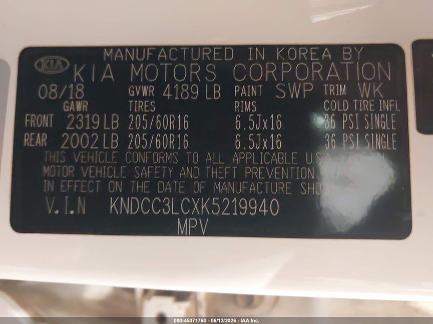 2019 Kia Niro VIN KNDCC3LCXK5219940 IAAI salvage auction — FRONT END, Regular (South Dakota), sold $2,300 on 2026-07-28 (photo 9)