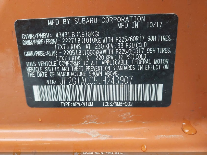 2018 Subaru Xv VIN JF2GTACC5JH243907 IAAI salvage auction — HAIL, Junk Bill Of Sale Mv2459 (Wisconsin), sold $1,325 on 2026-07-30 (photo 9)