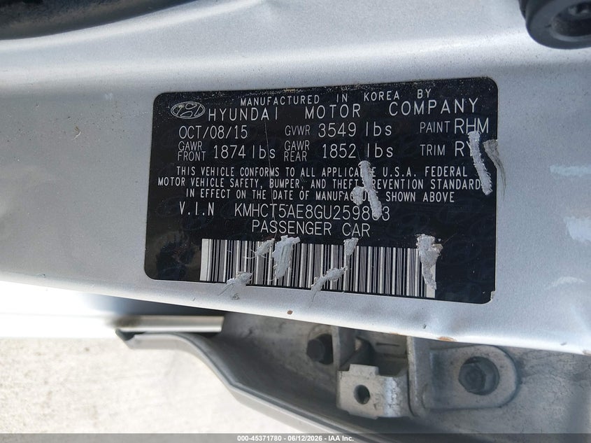 2016 Hyundai Accent VIN KMHCT5AE8GU259863 IAAI salvage auction — LEFT FRONT, Original (Texas), sold $450 on 2026-07-10 (photo 9)