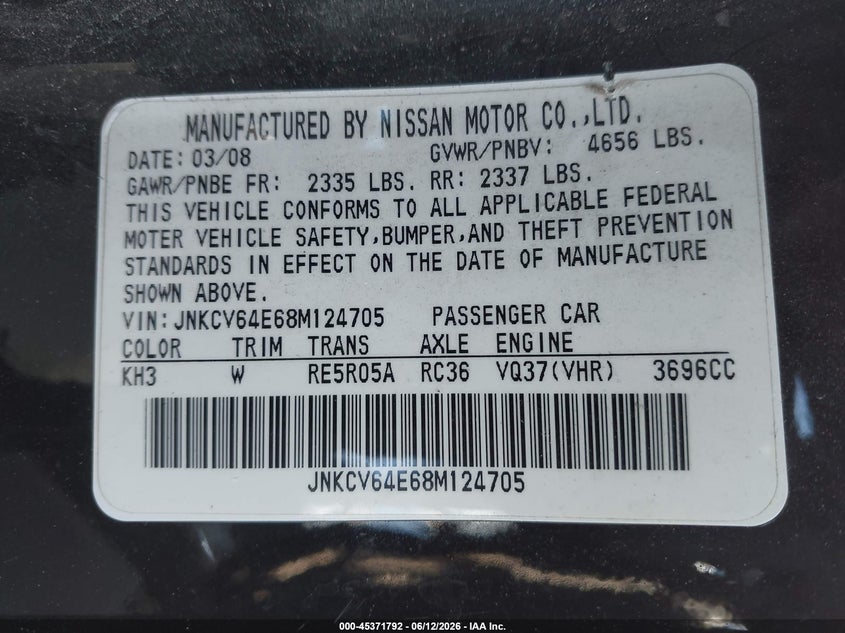 2008 Infiniti G37 VIN JNKCV64E68M124705 IAAI salvage auction — FRONT END, Salvage (California), sold $1,000 on 2026-07-13 (photo 9)