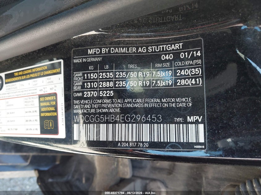 2014 Mercedes-benz Glk-klasse VIN WDCGG5HB4EG296453 IAAI salvage auction — FRONT END, Salvage (Illinois), sold $3,400 on 2026-07-11 (photo 9)