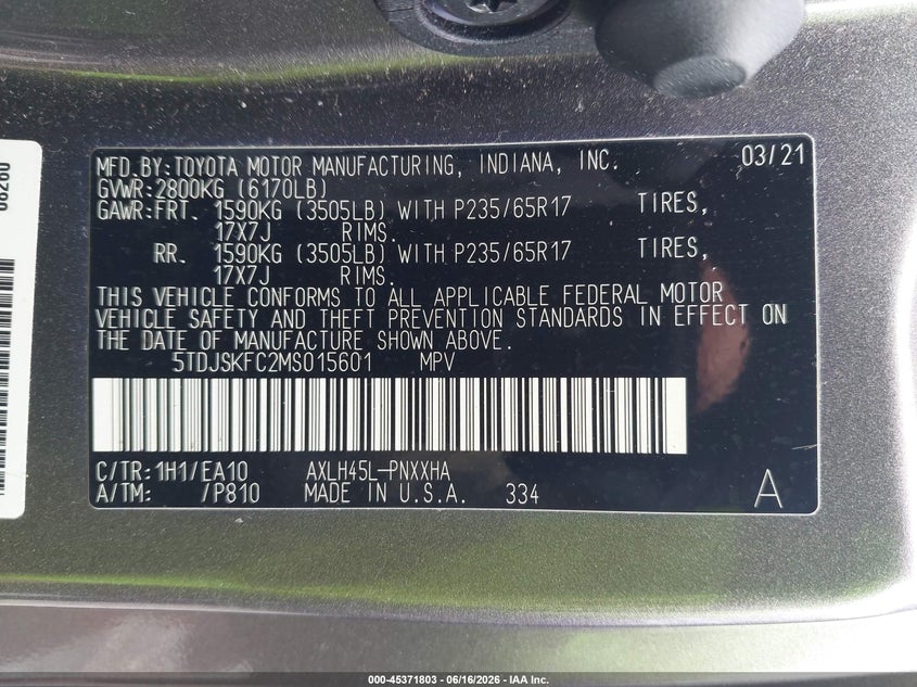 2021 Toyota Sienna VIN 5TDJSKFC2MS015601 IAAI salvage auction — FRONT END, Bill Of Sale (Washington), sold $10,200 on 2026-07-22 (photo 9)