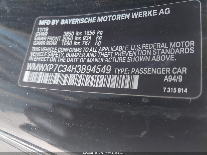 2017 Mini VIN WMWXP7C34H3B94549 IAAI salvage auction — UNDERCARRIAGE, Salvage Title, sold $1,775 on 2026-08-25 (photo 9)