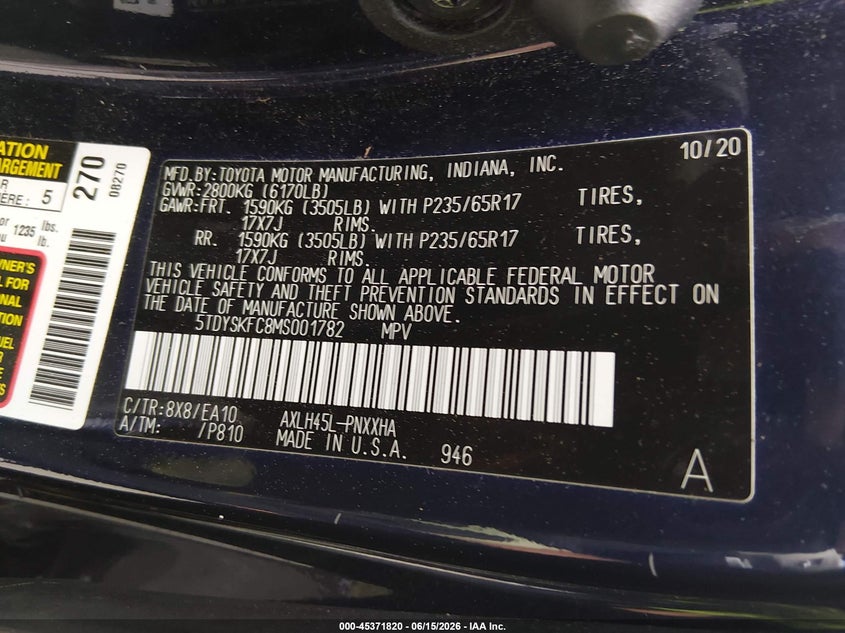 2021 Toyota Sienna VIN 5TDYSKFC8MS001782 IAAI salvage auction — LEFT SIDE, Salvage Title, sold $11,500 on 2026-08-20 (photo 9)