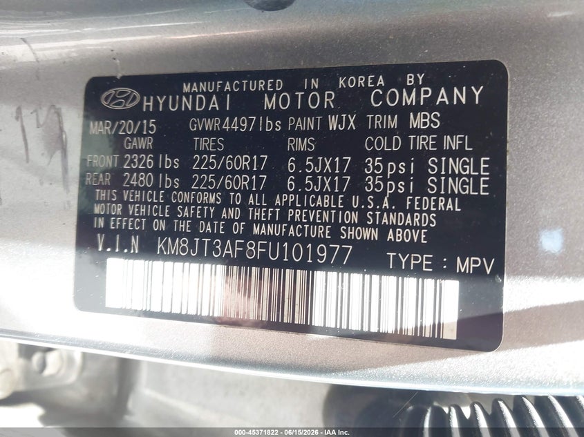 2015 Hyundai Tucson VIN KM8JT3AF8FU101977 IAAI salvage auction — LEFT FRONT, Salvage (North Carolina), sold $1,900 on 2026-07-31 (photo 9)