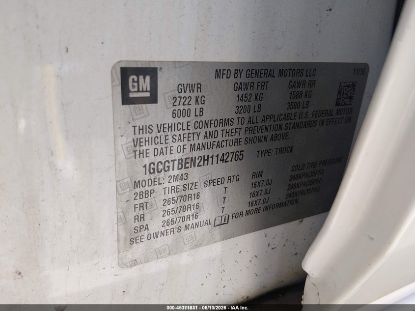 2017 Chevrolet Colorado VIN 1GCGTBEN2H1142765 IAAI salvage auction — NORMAL WEAR, Sf97 (California), sold $16,200 on 2026-07-30 (photo 9)