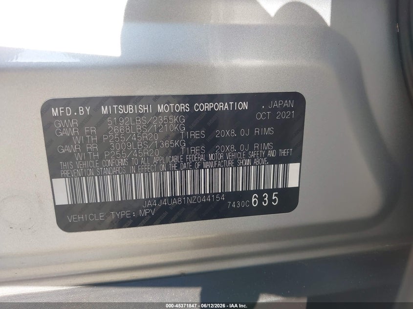 2022 Mitsubishi Outlander VIN JA4J4UA81NZ044154 IAAI salvage auction — FRONT END, Salvage (Georgia), sold $7,450 on 2026-08-21 (photo 9)