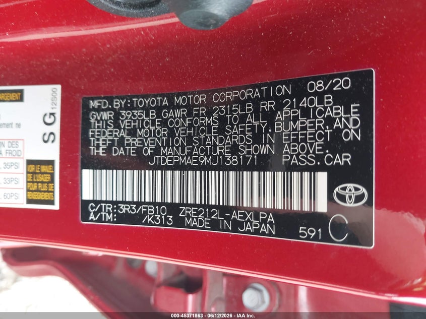 2021 Toyota Corolla VIN JTDEPMAE9MJ138171 IAAI salvage auction — FRONT END, Salvage (Massachusetts), sold $4,350 on 2026-07-12 (photo 9)