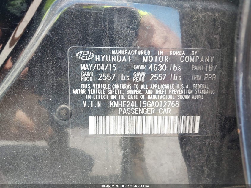 2016 Hyundai VIN KMHE24L15GA012768 IAAI salvage auction — FRONT END, Clear (Florida), sold $1,675 on 2026-07-07 (photo 9)