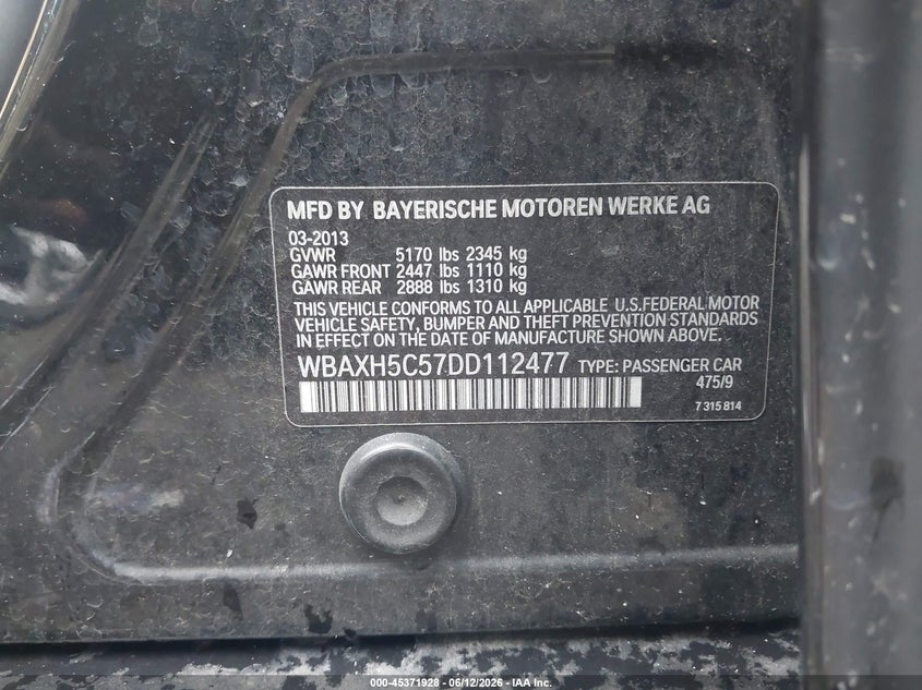 2013 BMW 5er VIN WBAXH5C57DD112477 IAAI salvage auction — UNKNOWN, Salvage (Tennessee), sold $225 on 2026-07-16 (photo 9)
