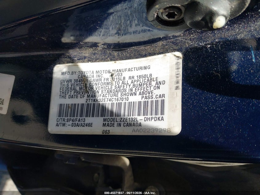 2004 Toyota Matrix VIN 2T1KR32E74C167010 IAAI salvage auction — NORMAL WEAR, Duplicate Paperwork (California), sold $225 on 2026-07-09 (photo 9)