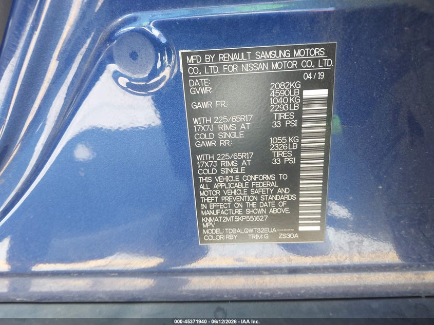 2019 Nissan Rogue VIN KNMAT2MT5KP551627 IAAI salvage auction — FRONT END, Salvage (California), sold $1,700 on 2026-07-13 (photo 9)