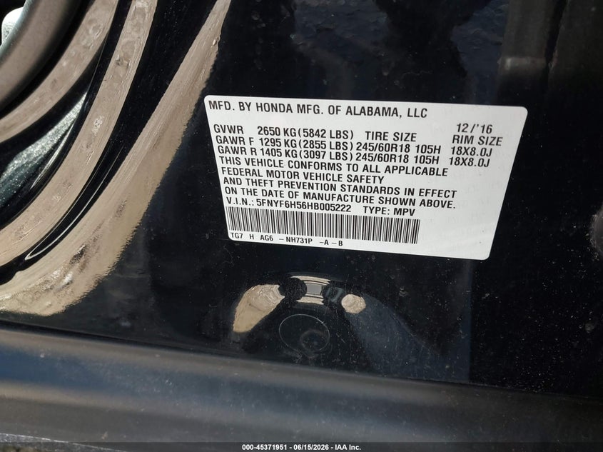 2017 Honda Pilot VIN 5FNYF6H56HB005222 IAAI salvage auction — NO DAMAGE, Salvage (Illinois), sold $7,400 on 2026-07-28 (photo 9)