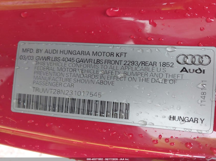 2003 Audi Tt VIN TRUWT28N231017545 IAAI salvage auction — REAR END, Salvage (Illinois), sold $450 on 2026-07-28 (photo 9)