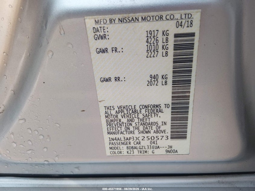2018 Nissan Altima VIN 1N4AL3AP3JC250573 IAAI salvage auction — FRONT END, Wait Title, sold $1,150 on 2026-08-01 (photo 9)