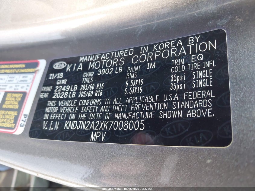 2019 Kia Soul VIN KNDJN2A2XK7008005 IAAI salvage auction — NORMAL WEAR, Original (Kentucky), sold $3,000 on 2026-07-13 (photo 9)