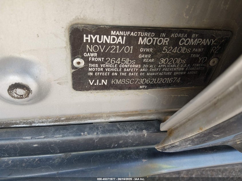 2002 Hyundai Santa fe VIN KM8SC73D62U201674 IAAI salvage auction — RIGHT FRONT, Prior Salvage (Minnesota), sold $25 on 2026-07-29 (photo 9)