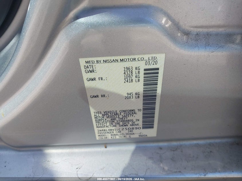 2020 Nissan Altima VIN 1N4BL4BV1LC250890 IAAI salvage auction — FRONT & REAR, Salvage (New Jersey), sold $2,200 on 2026-07-30 (photo 9)