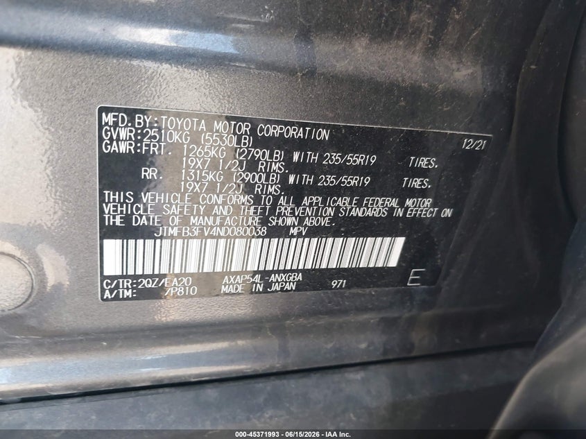 2022 Toyota Rav 4 VIN JTMFB3FV4ND080038 IAAI salvage auction — REAR END, Salvage (California), sold $7,650 on 2026-07-22 (photo 9)