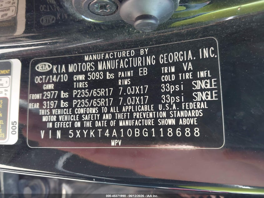 2011 Kia Sorento VIN 5XYKT4A10BG118688 IAAI salvage auction — NORMAL WEAR, Original (Texas), sold $1,000 on 2026-07-13 (photo 9)