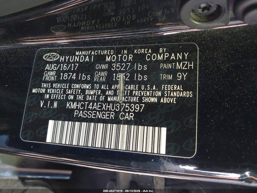 2017 Hyundai Accent VIN KMHCT4AEXHU375397 IAAI salvage auction — NORMAL WEAR, Clear (Virginia), sold $1,000 on 2026-07-16 (photo 9)