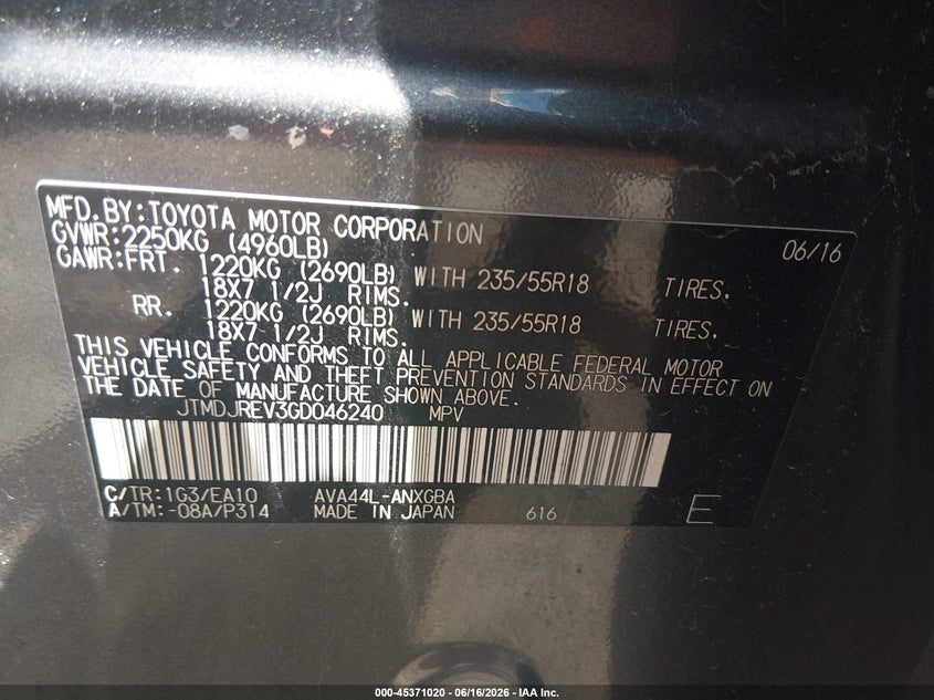 2016 Toyota Rav 4 VIN JTMDJREV3GD046240 IAAI salvage auction — ROLLOVER, Salvage (Tennessee), sold $2,050 on 2026-07-09 (photo 9)