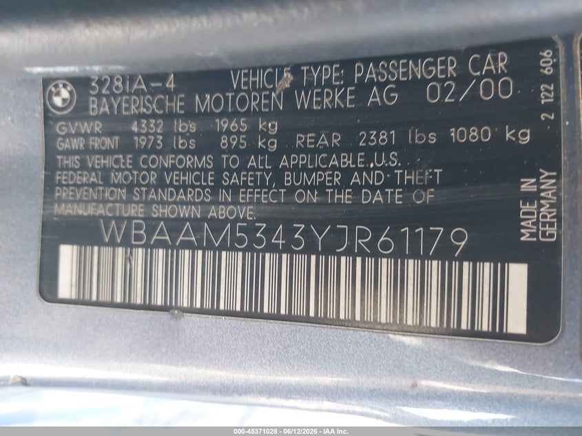 2000 BMW 3er VIN WBAAM5343YJR61179 IAAI salvage auction — FRONT END, Salvage (California), sold $275 on 2026-07-22 (photo 9)