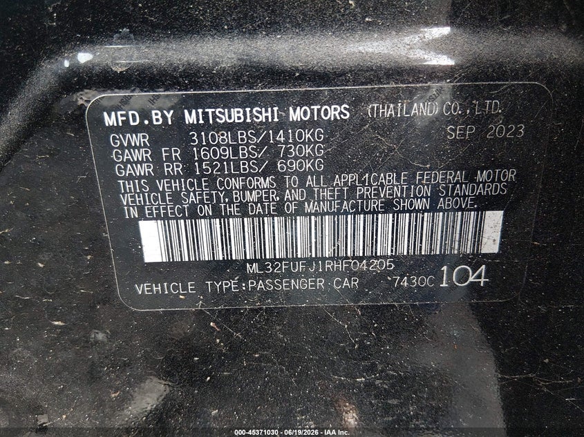 2024 Mitsubishi Mirage VIN ML32FUFJ1RHF04205 IAAI salvage auction — NORMAL WEAR, Clear (South Carolina), sold $2,400 on 2026-07-28 (photo 9)