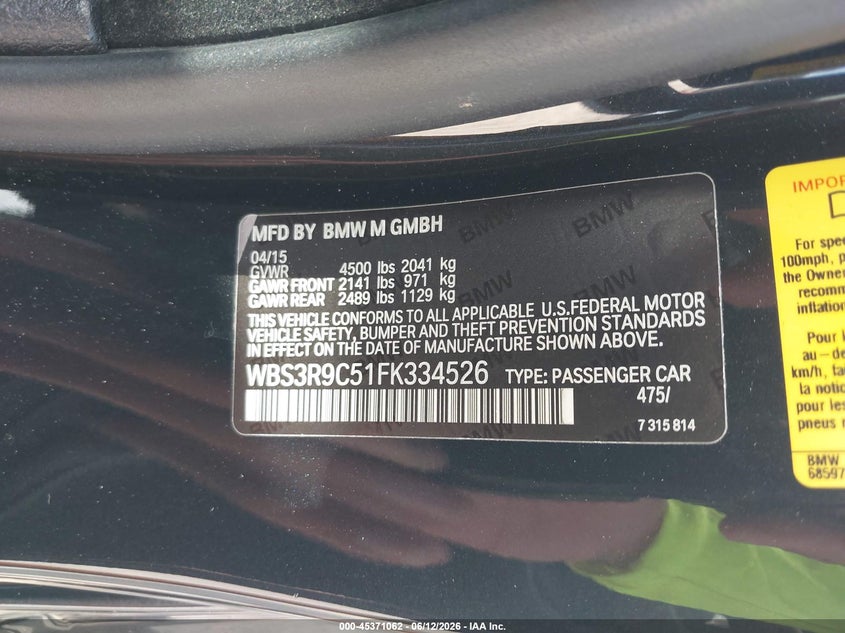 2015 BMW M4 VIN WBS3R9C51FK334526 IAAI salvage auction — SIDE, Salvage Title, sold $17,300 on 2026-07-15 (photo 9)