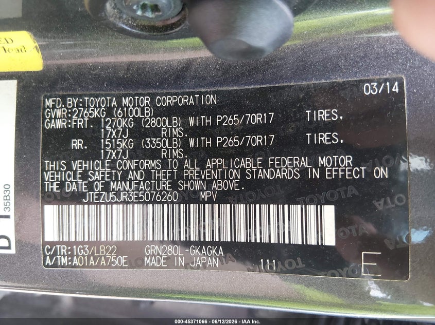 2014 Toyota 4runner VIN JTEZU5JR3E5076260 IAAI salvage auction — SIDE, Salvage (Mississippi), sold $4,950 on 2026-07-12 (photo 9)