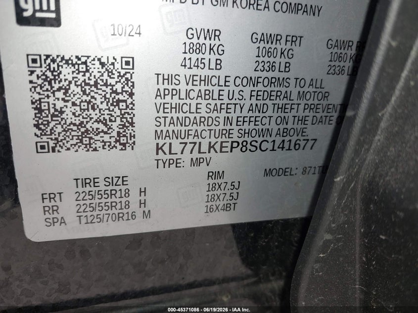 2025 Chevrolet Trax VIN KL77LKEP8SC141677 IAAI salvage auction — HAIL, Salvage (Ohio), sold $8,725 on 2026-07-21 (photo 9)