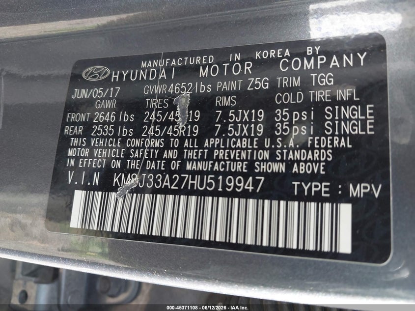 2017 Hyundai Tucson VIN KM8J33A27HU519947 IAAI salvage auction — FRONT END, Salvage (Michigan), sold $1,850 on 2026-07-29 (photo 9)