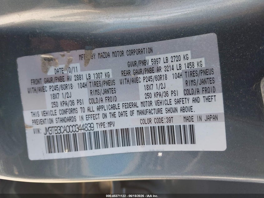 2012 Mazda Cx-9 VIN JM3TB3CA0C0344839 IAAI salvage auction — HAIL, Junk Bill Of Sale Mv2459 (Wisconsin), sold $250 on 2026-07-08 (photo 9)