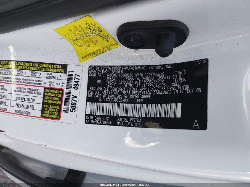 2013 Toyota Sienna VIN 5TDJK3DC4DS054005 IAAI salvage auction — LEFT & RIGHT, Salvage Title, sold $25 on 2026-07-21 (photo 9)