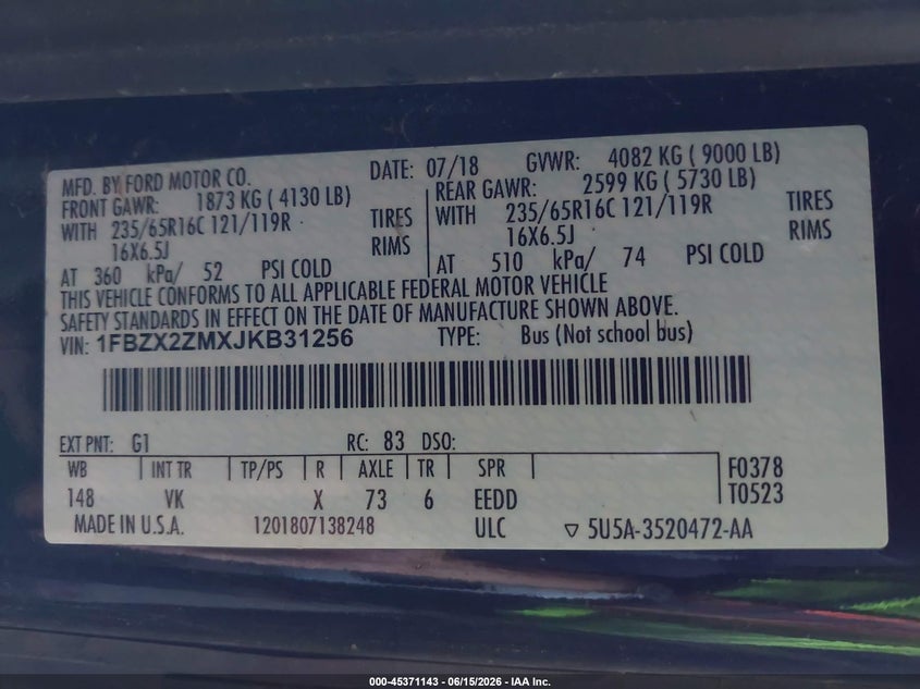 2018 Ford Transit-350 VIN 1FBZX2ZMXJKB31256 IAAI salvage auction — NORMAL WEAR, Sf97 (California), sold $13,300 on 2026-07-30 (photo 9)