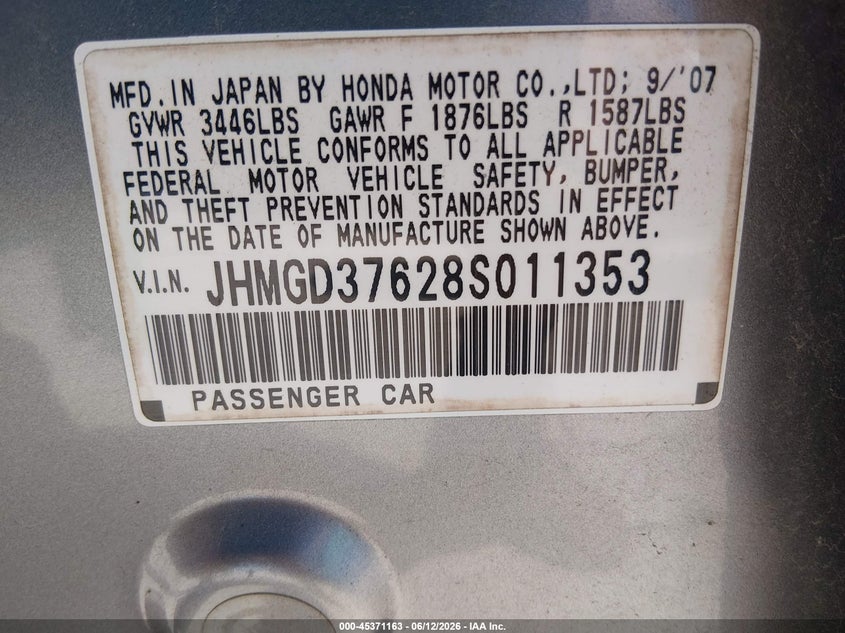 2008 Honda Fit VIN JHMGD37628S011353 IAAI salvage auction — LEFT REAR, Salvage (Missouri), sold $775 on 2026-07-16 (photo 9)