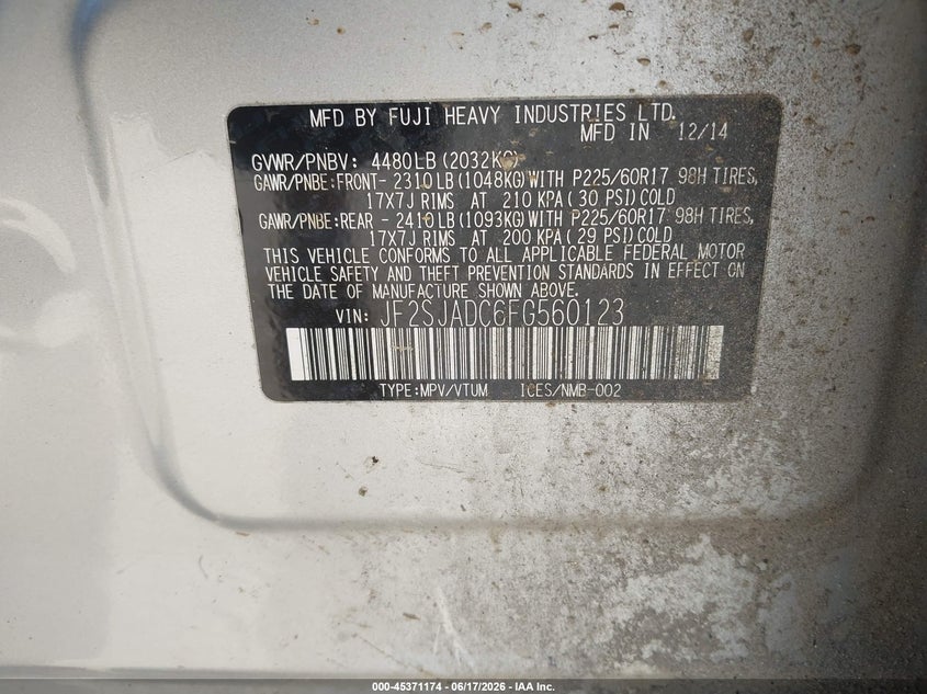 2015 Subaru Forester VIN JF2SJADC6FG560123 IAAI salvage auction — NORMAL WEAR, Original (New Hampshire), sold $300 on 2026-07-15 (photo 9)