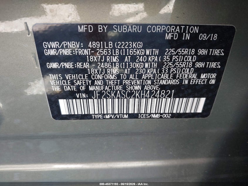 2019 Subaru Forester VIN JF2SKASC2KH424821 IAAI salvage auction — FRONT END, Salvage (North Carolina), sold $1,750 on 2026-07-10 (photo 9)