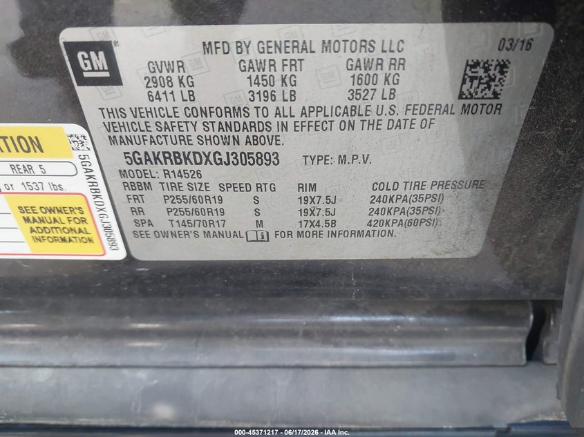 2016 Buick Enclave VIN 5GAKRBKDXGJ305893 IAAI salvage auction — RIGHT SIDE, Salvage (North Carolina), sold $1,250 on 2026-08-01 (photo 9)