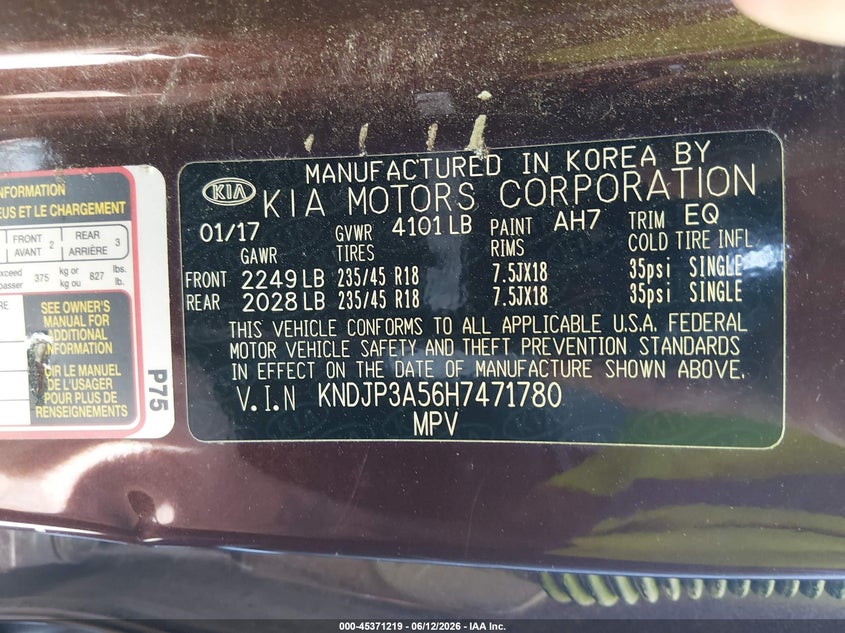 2017 Kia Soul VIN KNDJP3A56H7471780 IAAI salvage auction — LEFT FRONT, Salvage (Mississippi), sold $625 on 2026-07-30 (photo 9)