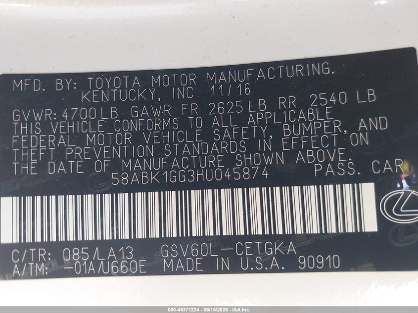 2017 Lexus ES VIN 58ABK1GG3HU045874 IAAI salvage auction — SIDE, Salvage (California), sold $5,500 on 2026-07-09 (photo 9)