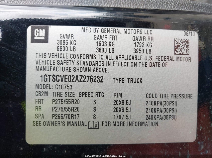 2010 Gmc Sierra 1500 VIN 1GTSCVE02AZ276232 IAAI salvage auction — FRONT END, Salvage (Georgia), sold $1,300 on 2026-07-09 (photo 9)