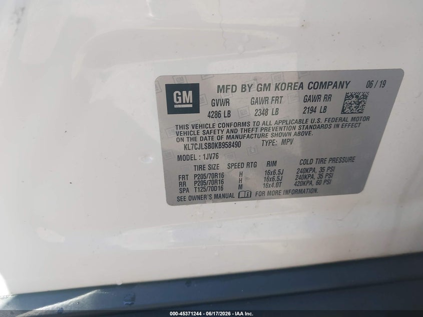 2019 Chevrolet Trax VIN KL7CJLSB0KB958490 IAAI salvage auction — FRONT END, Salvage Title, sold $1,300 on 2026-07-26 (photo 9)