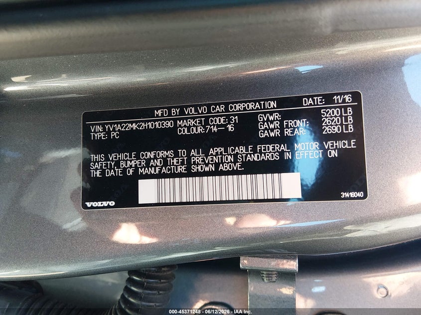2017 Volvo S90 VIN YV1A22MK2H1010390 IAAI salvage auction — FRONT END, Salvage (Illinois), sold $950 on 2026-08-12 (photo 9)