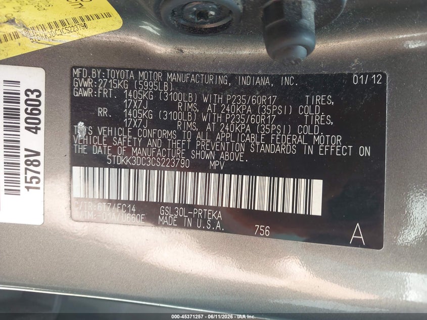 2012 Toyota Sienna VIN 5TDKK3DC3CS223790 IAAI salvage auction — NORMAL WEAR, Clear (Tennessee), sold $1,000 on 2026-07-09 (photo 9)
