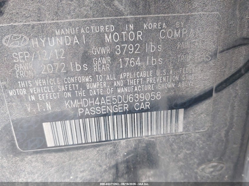 2013 Hyundai Elantra VIN KMHDH4AE5DU639058 IAAI salvage auction — FRONT END, Salvage (North Carolina), sold $400 on 2026-07-08 (photo 9)
